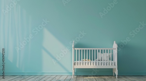 A baby crib against an empty pastel blue wall, showcasing the nursery room's minimalist design. 