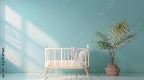 A baby crib against an empty pastel blue wall, showcasing the nursery room's minimalist design. 