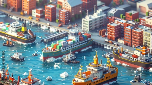Bustling Coastal Harbor with Cargo Ships and Passenger Ferries in a Thriving Isometric City Skyline