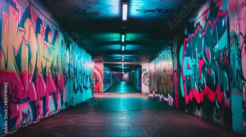 A dark tunnel with graffiti on the walls, wall art