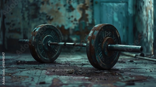 Rusty barbell in an abandoned gym for fitness or industrial themed designs