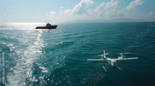 Capture the aerial perspective of drones patrolling maritime borders, providing real-time surveillance and monitoring of illegal activities such as smuggling and piracy 