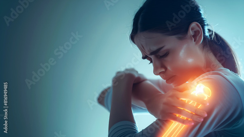Close-up of a woman holding her painful shoulder, illustrated with glowing highlighting of the shoulder's bones, indicating joint pain or injury.