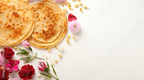 aloo paratha isolated on white background. Roti Prata food poster card design flowers space