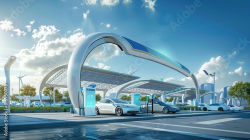 Depict a futuristic transport hub where electric and hydrogen-powered vehicles recharge/refuel, with renewable energy sources like solar panels and wind turbines powering the infrastructure 