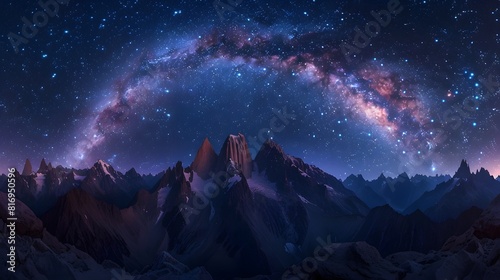 Starry night sky over mountains with Milky Way galaxy, panoramic view. creating an aweinspiring panorama that captures cosmic wonder. 