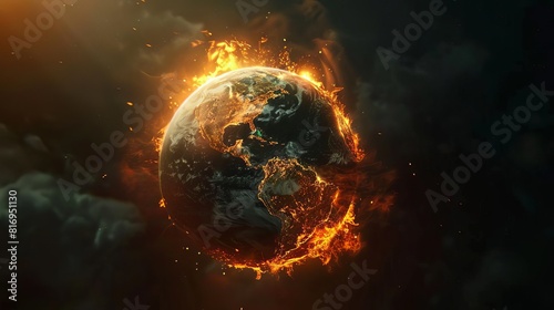 Animated video sequence depicting the progression of global warming leading to a burning Earth, educational digital art