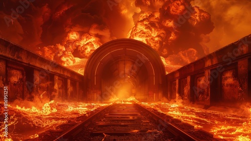 Intense image of a subway entrance engulfed in billowing smoke and flowing lava, mimicking the gates of hell with vivid magma details