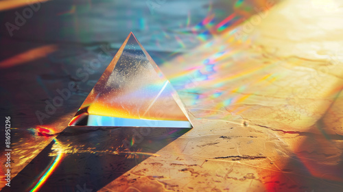 Transparent glass prism positioned on a textured surface, refracting colorful light rays across the scene, creating a vibrant and dynamic visual effect.