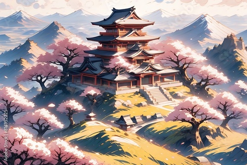 桜の花が咲き誇る山頂の静かな寺、広がる丘陵地帯を見渡