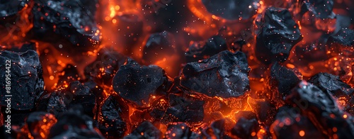 Beautiful background of burning coals and flames on black background. Closeup view of the glowing embers in firewood for grilling or barbeque concept. AI generative