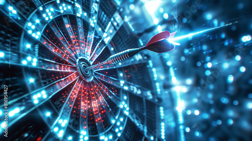 Close-up of a dart hitting the bullseye on an illuminated electronic dartboard, symbolizing precision and accuracy amidst a high-tech, futuristic background.