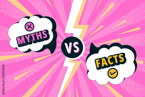 Facts versus myths battle. Myth speech bubble and fact frame with vs lightning divider, comic style vector banner
