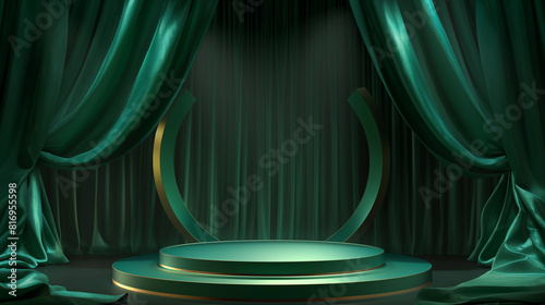 Tecido de fundo de pódio verde produto cortina de pano display cosmético 3D suporte premium. Pódio de luxo pedestal fundo de estúdio apresentação verde cenário de cena de moda abstrata cenário 