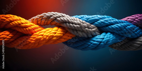 Team rope diverse strength connect partnership together teamwork unity communicate support. Strong diverse network rope team concept integrate braid color background cooperation empower power.