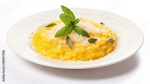 Risotto alla milanese with meat ragu. Saffron risotto with lamb meat isolated on white background