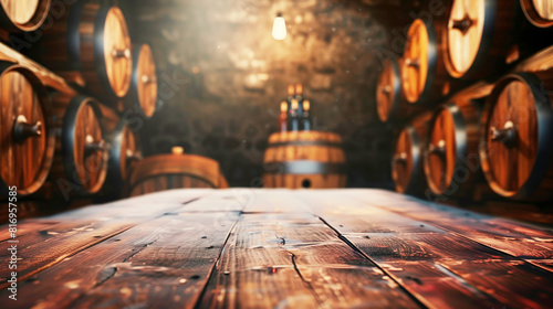 A rustic winery cellar with wooden wine barrels stacked against stone walls, old wooden table in the foreground, and wine bottles placed atop a barrel.