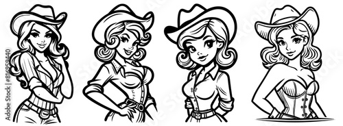 country cowgirl retro pinup girl, black vector transparent, pin-up woman nocolor silhouette sketch vintage illustration, comic character shape for laser cutting engraving print