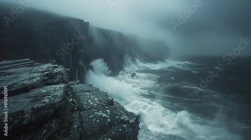 Stormy sea crashing against a cliff