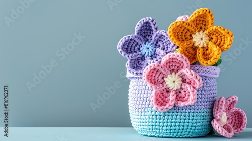 A dainty amigurumi flower pot with a variety of flowers, with side space for care instructions
