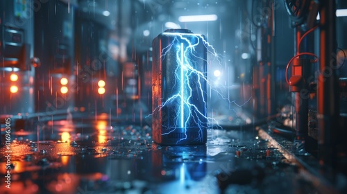 Futuristic energy cell with lightning effects in a wet industrial environment. High-resolution 3D rendering of advanced technology and power concept for design and wallpaper.