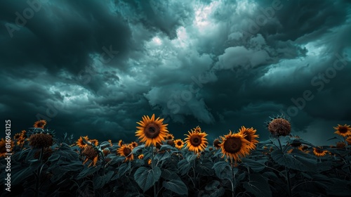Sunflower in a stormy field for inspirational or nature themed designs