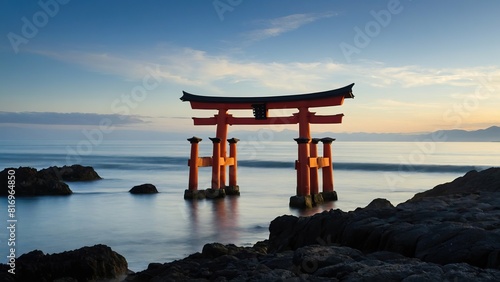 A torii gate standing at the edge of a rocky coastline during sunset