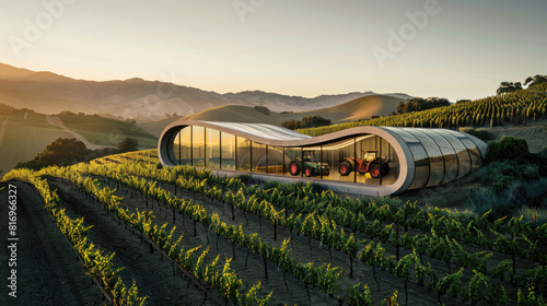Beautiful modern innovated vineyard, green landscape, aerial view. Rows of vines, architecture with glass 