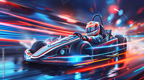 A dynamic and vibrant illustration of a go-kart racer speeding on a track with bright neon light trails emphasizing motion and high-speed racing.
