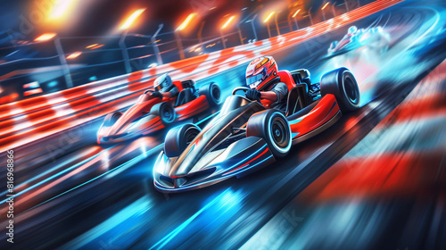 Dynamic image of a night go-kart race with three racers speeding on a brightly lit track, featuring motion blur and vibrant lights.
