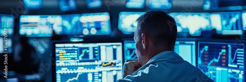 Stock market trader amidst a noisy trading floor, surrounded by colleagues and multiple screens