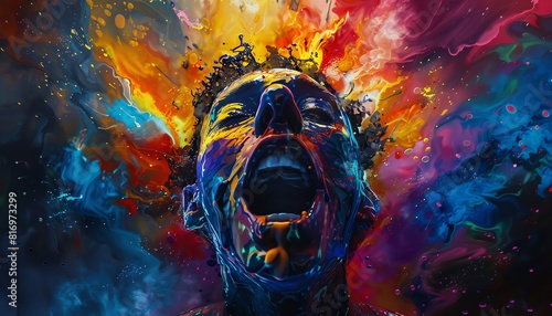A figure experiencing pure ecstasy in a burst of colorful energy, psychedelic, abstract, neon colors, vibrant and exhilarating