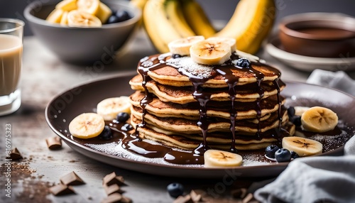 Chocolate banana pancakes, food photography, great simple breakfast 
