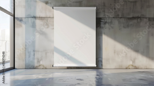 Mockup of a blank, vertically hanging canvas in a well-lit industrial-style room, ideal for displaying custom artwork or branding materials.