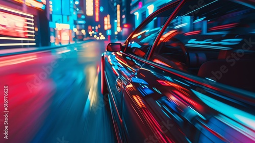 High-speed car driving in the city at night time with a motion blur effect. A blue and red color palette. In the style of photography.
