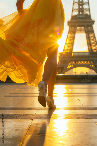 Close-up of legs of a woman wearing light shoes and yellow dress, walking the drenched in sun street of Paris, with Eiffel tower in background.