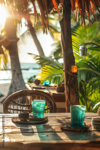 Cozy details of exotic beach bar framed by palm leaves. Spending holidays in tropical destinations.