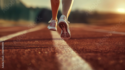 Legs view of athlete running girl at running race track. Sports girl training, determination of sprinter runner, Fitness and wellness. 