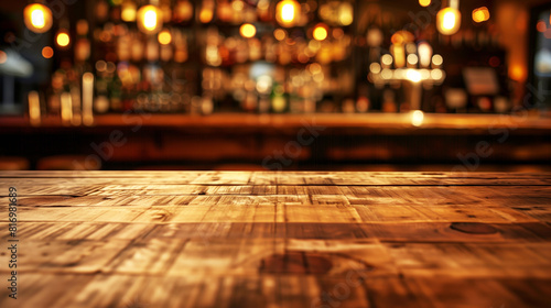 A rustic wooden table in the foreground with a blurred bar scene in the background illuminated by warm, ambient lighting. Ideal for presentations and product displays.