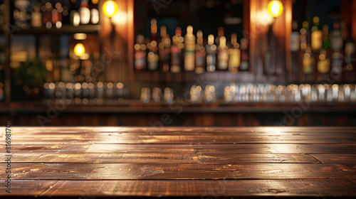 Blurred background of a dimly lit bar with a wooden countertop in the foreground, perfect for showcasing products or creating a cozy, inviting atmosphere.