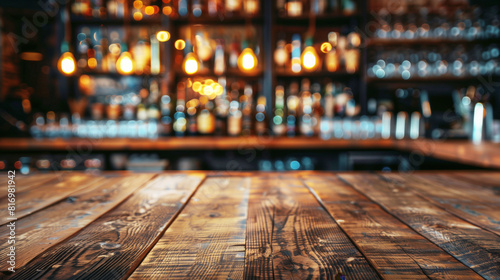Wooden bar counter in the foreground with a blurred background of shelves filled with bottles and hanging amber lights, creating a cozy, warm atmosphere.