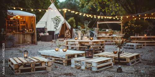 Candles on white stacked wood pallets to make table in a festival setting. Festoon lighting overhead and a tipi tent in the background.