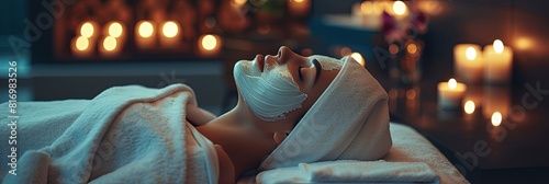 Woman lying on spa bed with soft towel wrapped around hair, applying creamy face mask with brush