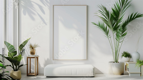 Minimalistic interior mockup featuring a blank vertical frame surrounded by green plants, a small table, and a white ottoman, creating a serene and modern aesthetic.