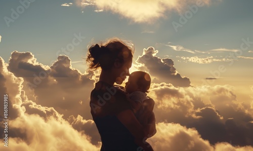 A Woman holding his child baby in to the sky. 
