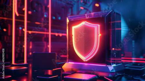 3D render of a computer with a glowing shield symbolizing data protection