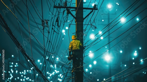 High voltage power electrician works in live wires on a high pole. With expertise and precision, he ensures a reliable power supply.