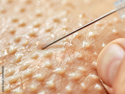 Close-Up of Skin with Raised Bumps Highlighting Allergic Reaction or Skin Condition with Needle Insertion for Medical Procedure Including Allergy Test, Vaccination, or Skin Prick Test Detailed Skin