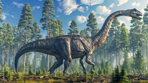 Majestic Diplodocus walking through dense forest with tall trees and blue sky. Massive dinosaur with intricate skin details in vibrant, natural surroundings. Prehistoric scene full of life.
