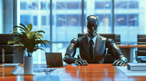 robotic CEO, humanoid boss sitting at a desk in office, browsing some papers. Futuristic AI android technology, replacing people at work, redundancy